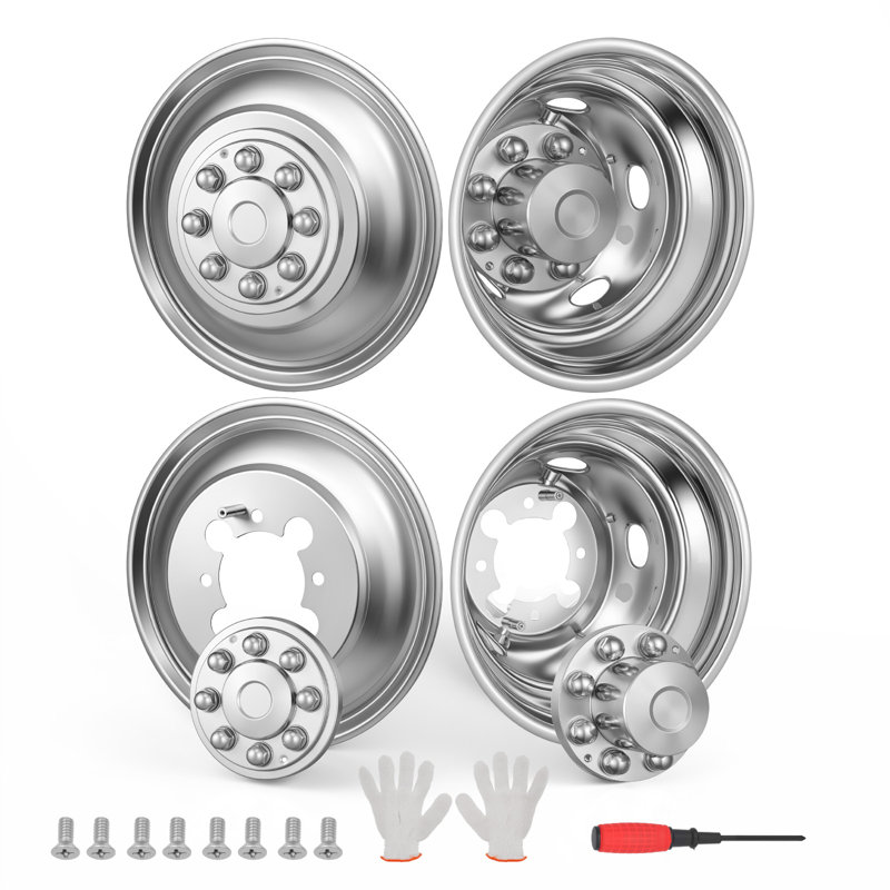 17-Inch Wheel Simulators 8 Lug Stainless Steel Front and Rear Wheel, Fit for 2003-2021 Dodge Ram 3500 Dually Truck Models, 5 Hand Holes, Mirror Polished Finish, Bolt On Hubcaps Covers, 4pcs