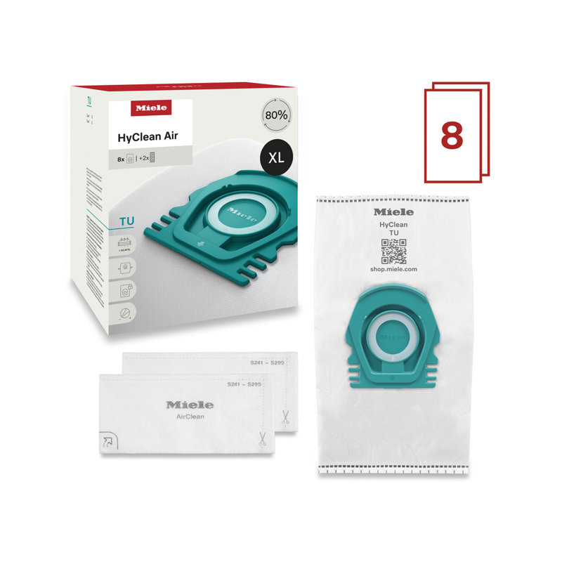 Miele HyClean Air CO Vacuum Cleaner Bags for Miele Guard M1 Vacuum Cleaners, XL Pack of 8 Vacuum Bags and 2 AirClean Exhaust Filters – 12909630