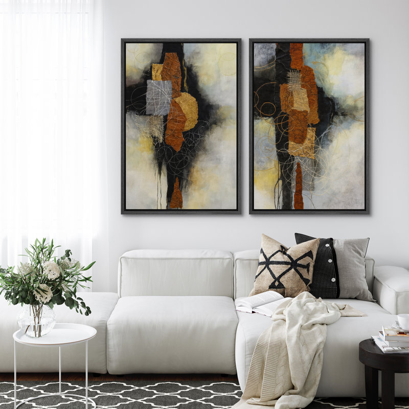 Art mural abstrait, ensemble de 2 reproductions d'art encadrées sur toile, Noir, H 24 po x l 32 po