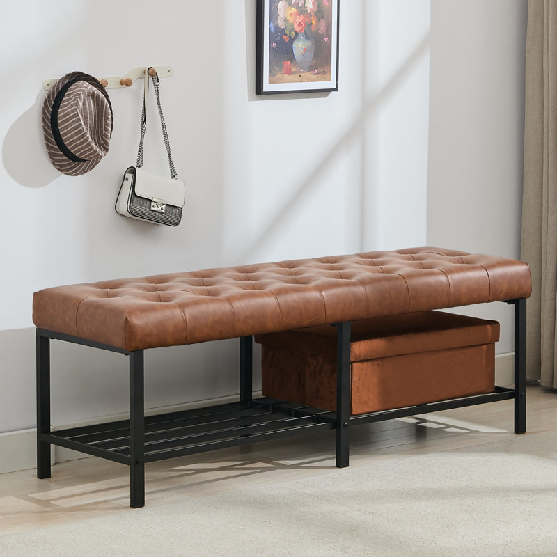 Eleonore 55.5'' Wide Polyester Blend Upholstered Bench with Storage Box, Caramel Brown