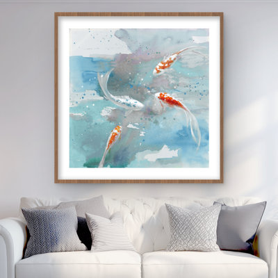 Koi Fish in Blue Water - reproduction encadrée avec passe-partout pour la décoration intérieure