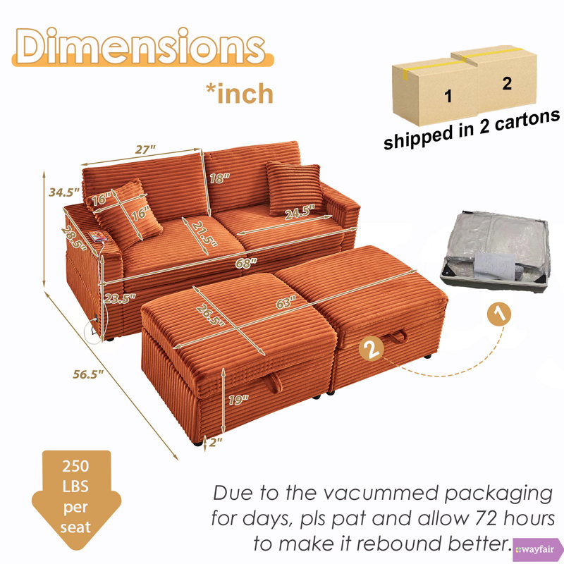 Bodhild 68" Comfortable Corduroy Lazy Sofa,Large-sized loveseat with an extra-soft chaise lounge,Ottoman with storage space, comes with a small table board,Suitable for combined living-bedroom spaces (or open-plan living areas)