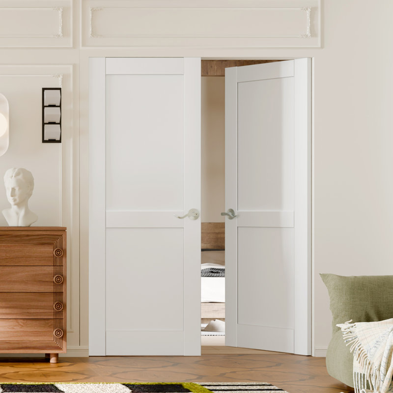 Porte intérieure à dalle - 2 panneaux de panneau de fibres à densité moyenne blanc de style Shaker avec porte à peindre avec poignée, quincaillerie non incluse