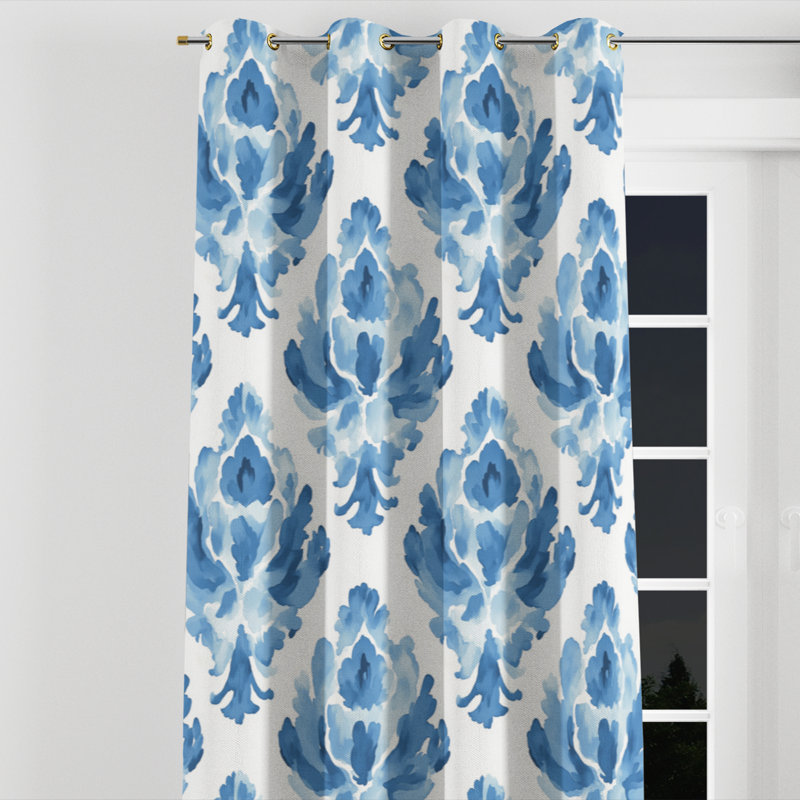 Rideaux occultant Boho - rideau ikat à œillets contemporain bleu et blanc Boho - 1 panneau, Œillets dorés, L 52 po x L 120 po