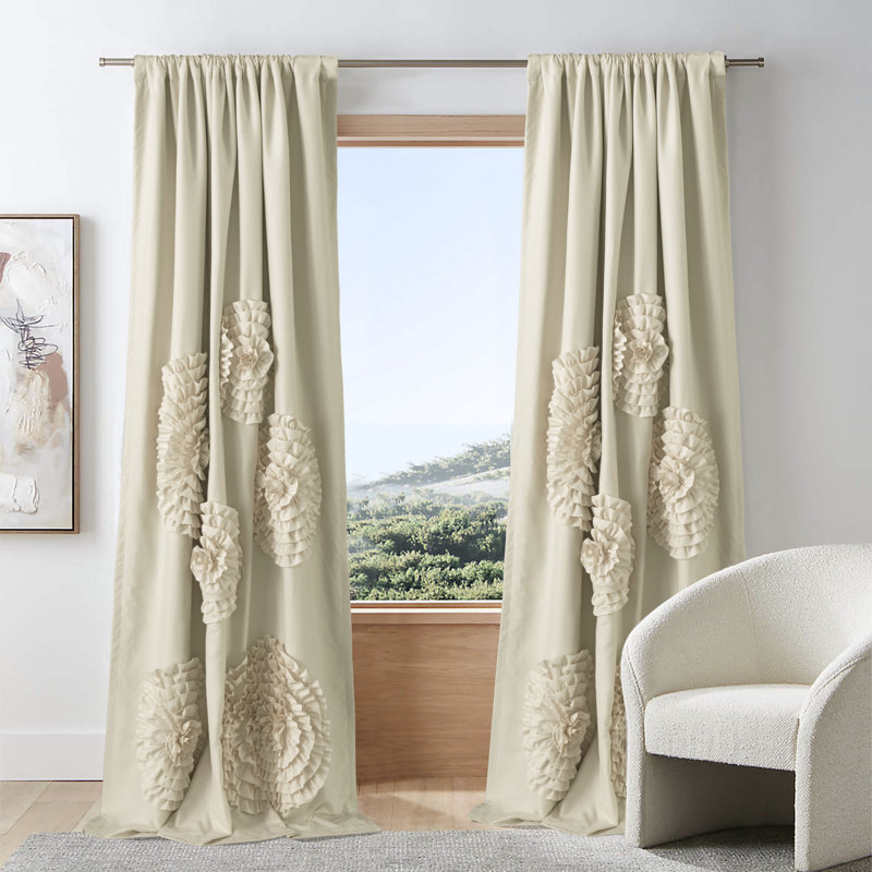 Large 3D Appliqued Flower Blackout Curtain Panel - 54X84 Inch, Brushed Microfiber Fabric, Machine Washable, Camel