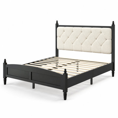 Cadre de lit plateforme rembourré Queen Size avec tête et pied de lit capitonnés en losanges, support métallique robuste et silencieux