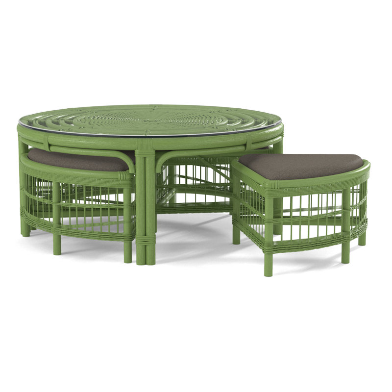 Raffles Rattan Cocktail Table with Benches, Antique Frost White, Gray Sugar Performance; 0863-84