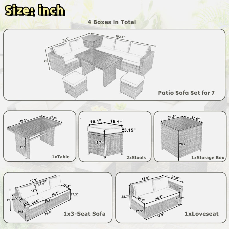 6-piece All Weather Pe Rattan Sofa Set With Adjustable Seat, Storage Box, Removable Covers And Tempered Glass Top Table