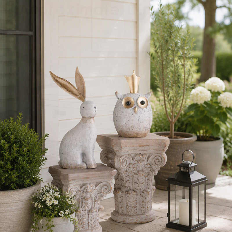 Figurine de lapin en magnésium avec oreilles en fer doré, corps blanc texturé et design ludique pour la décoration intérieure