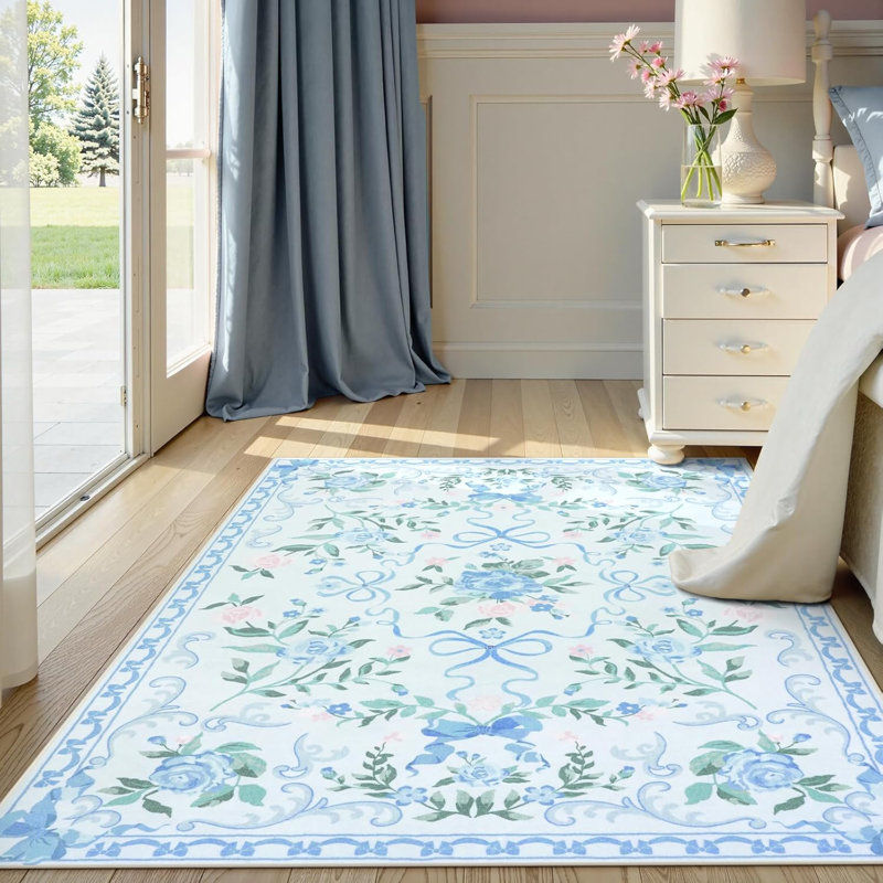 Kaldi Floral Washable Area Rug Non-Slip Stain Resistant Low-Pile Boho Large Indoor Throw Carpet, Rectangle 4' x 6'