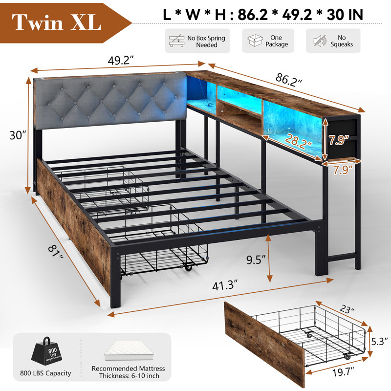 Corner Bed Frame with 2 Drawers and Storage Bookcase, Daybed with Charging Station and LED Lights, Extra-long Twin
