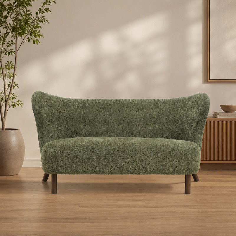 Canapé deux places sans accoudoirs de style nordique, dossier incurvé en tissu chenille, 147 cm, orné de boutons décoratifs au dos, idéal pour le salon, le bureau ou la salle de détente, vert olive.