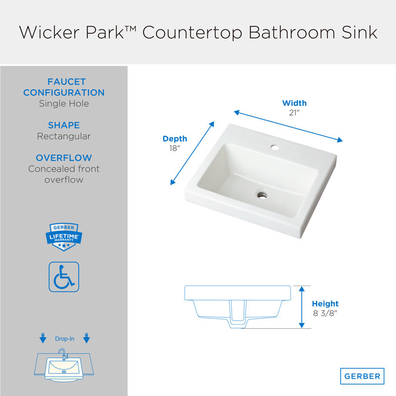 Lavabo de salle de bain rectangulaire encastré en porcelaine vitreuse blanche avec trop-plein, Simple