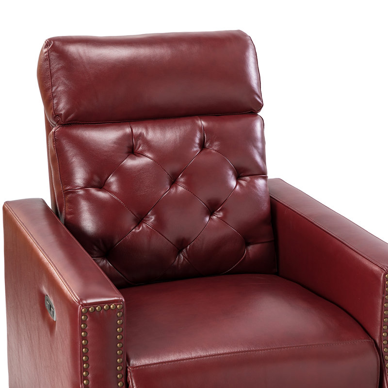 Gumesindo 31.50" Wide Genuine Leather Power Recliner, Burgundy Genuine Leather