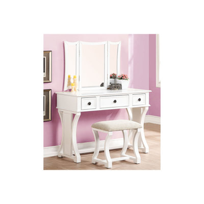 Modern White Bedroom Vanity , Pine Frame, Foldable Mirror, Stool, Cushioned Seat, Drawers With Frame And Poplar Veneer, 3 - Panel Stool Fabric, For Storage, 43" Wide, 19" Deep, 54" High