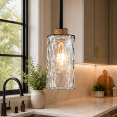 1-Light Single Glass Pendant Light with Linen, Adjustable Swivel Canopy for Kitchen Island