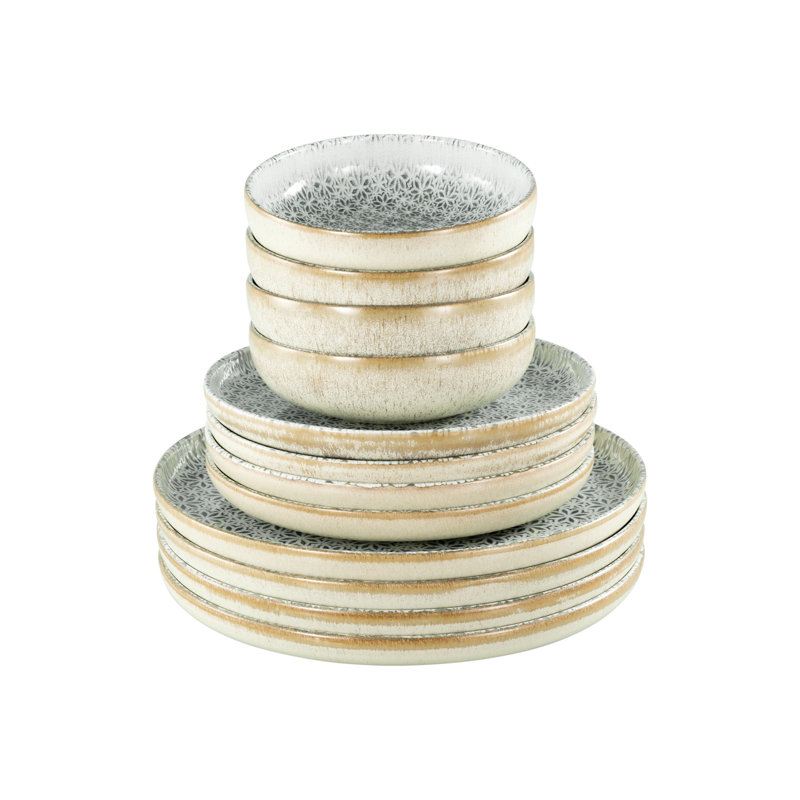 Uno Piece Stoneware Dinnerware Set - Service for 4, Dark Grey/Beige/Ivory