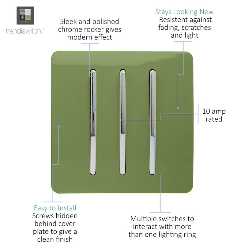 Trendi Switch 3 Gang 1 or 2 way Rocker Light Switch, Moss Green
