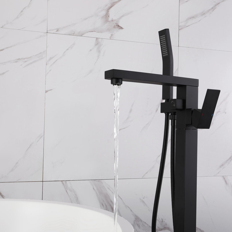 Matte Black Freestanding Floor Mount Tub Faucet with Hand Shower