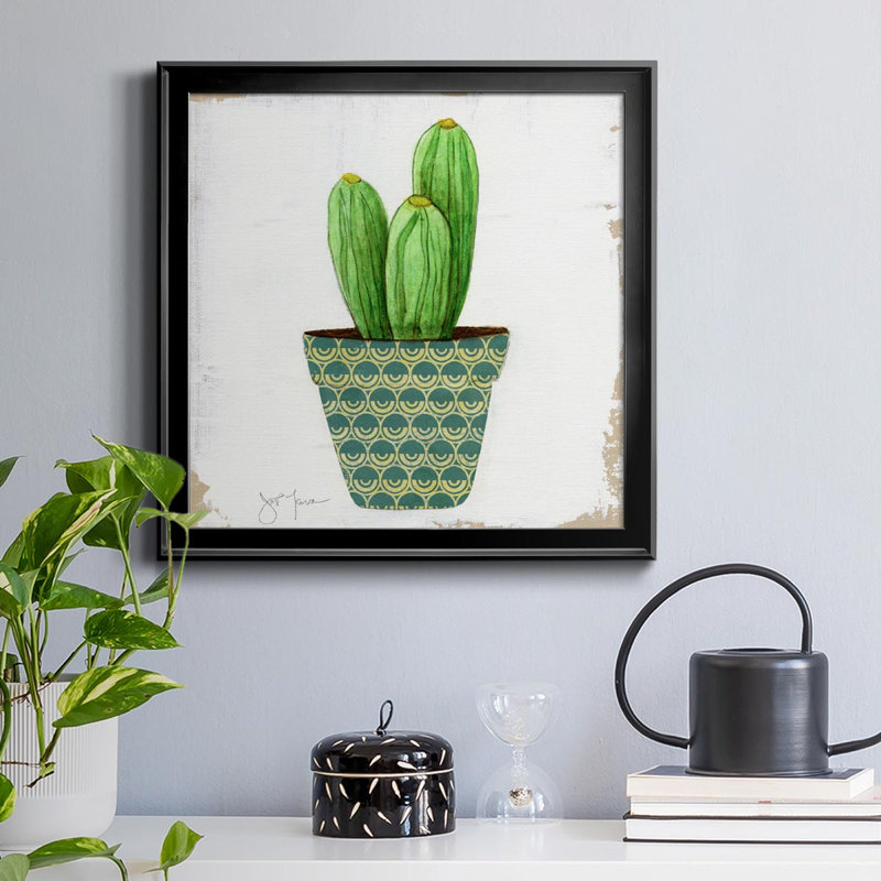 Boho Cacti II - peinture sur toile encadrée, H 17,5 po x l 17,5 po x P 1,5 po, Cadre noir