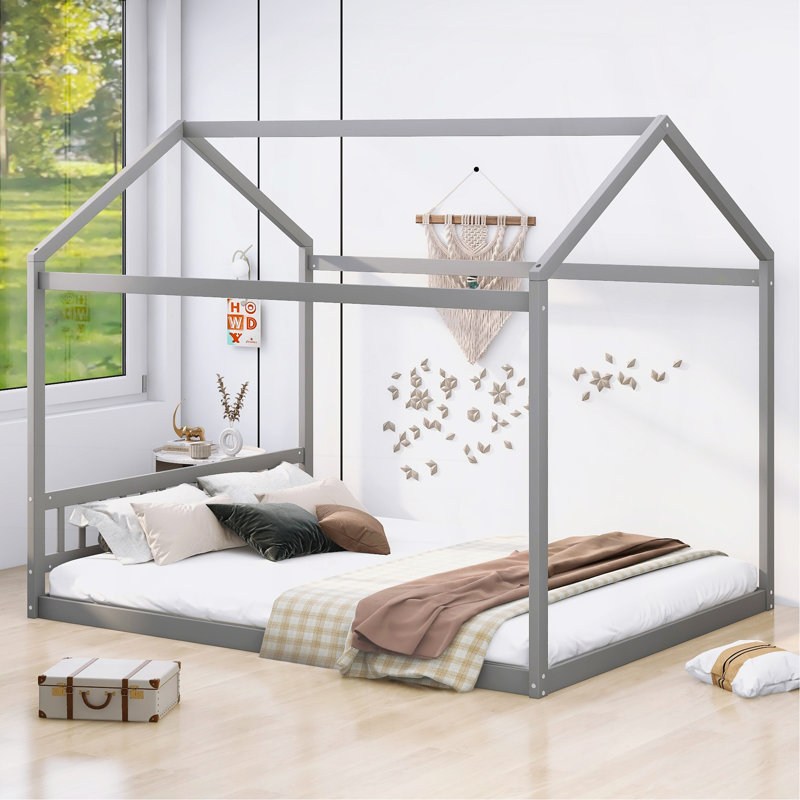 Queen Size Wooden House Bed With Headboard,Gray