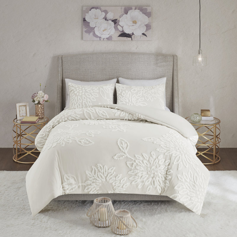 Ataja 3 Piece Tufted Cotton Chenille Floral Duvet Cover Set, King/Cal. King Duvet Cover + 2 King Shams, Off-White