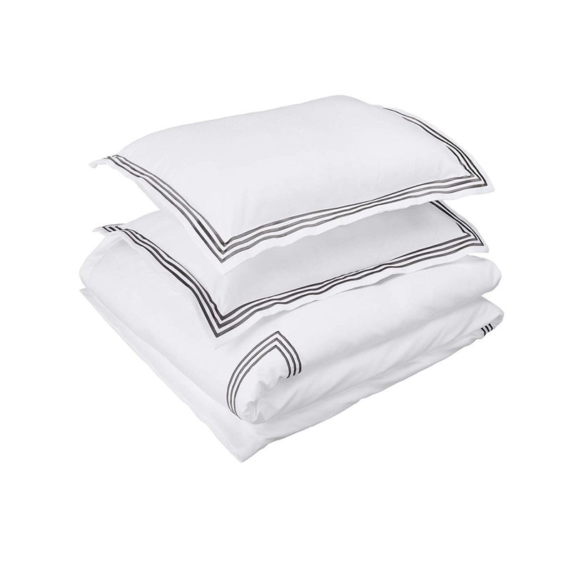 400TC Cotton Triple Embroidery Sateen Solid Duvet Cover Set, Oversized King Duvet Cover, White/Dark Grey