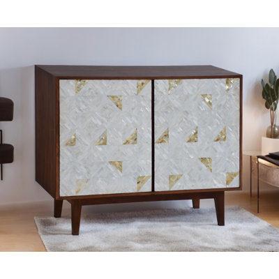 Ginett Mother of Pearl Inlay Cabinet – Solid Wood Storage Console with Mid-Century Legs 