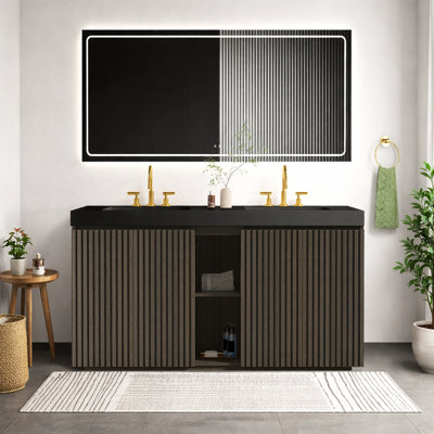 Modern 60" Double Bath Vanity Medieval Smoked Oak Bathroom Vanity With Sink, Large Storage Freestanding Bathroom Vanity