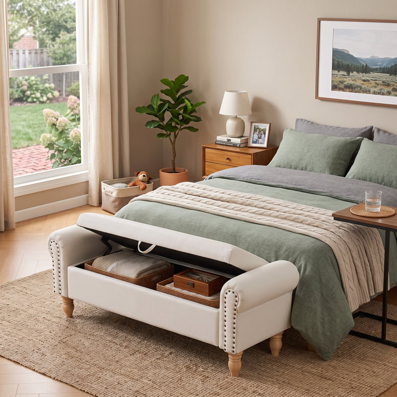 Repose-pieds avec siège de rangement - Siège rembourré en tissu avec pieds en bois massif et repose-pieds avec siège de rangement idéal pour les espaces de vie avec accoudoirs roulés; Foyer Beige