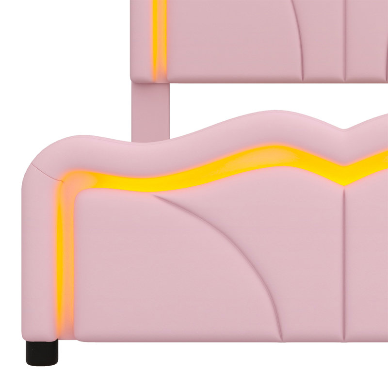 Lit plateforme tapissier avec tête de lit courbée et à hauteur ajustable, bandes lumineuses à DEL, Double, Rose