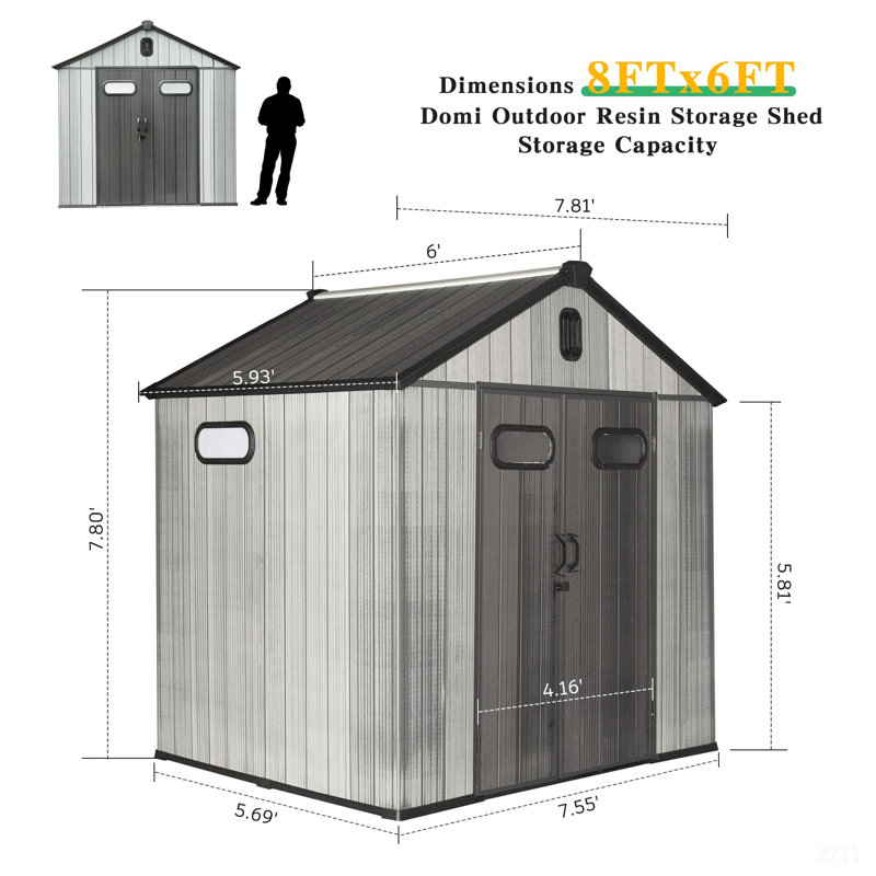 Outdoor Resin Storage Shed, Waterproof Plastic Garden Shed With Lockable Door, Windows & Vents, Outside Tool Storage Shed For Patio Furniture, Lawn Mower, Bike