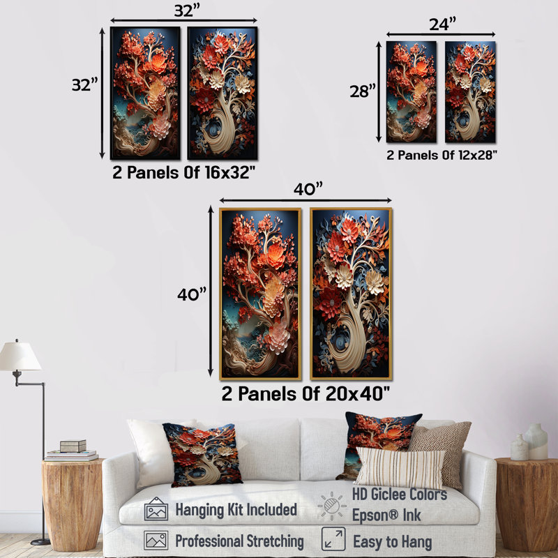 Coral Organic Tree Harmony - Ensemble de 2 décorations murales séquoia, H 28 po x l 25 po, Cadre flottant noir