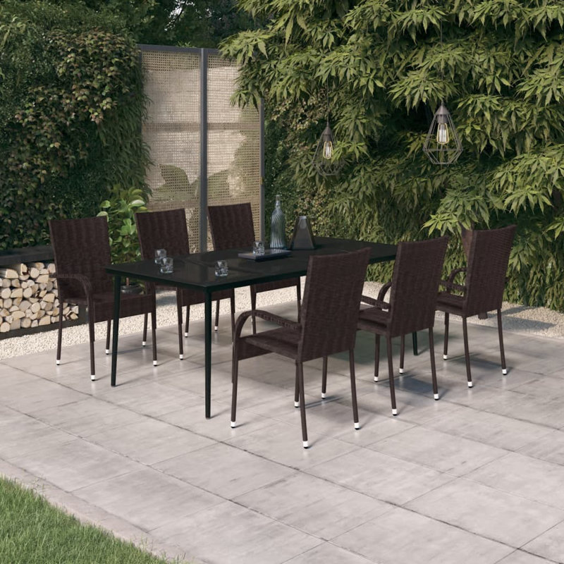 Adden 6 - Person Wicker Patio Dining Set with Rectangular Table, Black, 74cm H x 200cm W x 100cm D