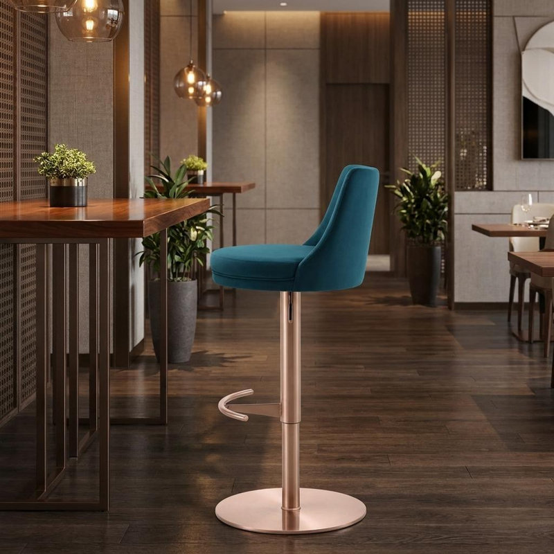 Chaise de bar pivotante à dossier bas réglable en hauteur, en velours bleu et or rose et acier
