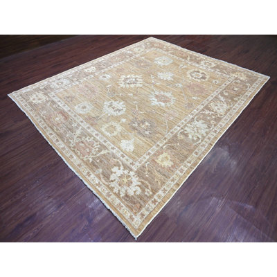 Tapis oriental brun à motif chameau 8 pi 2 po x 9 pi 10 po brun Angora avec motif de feuilles partout, noué à la main, 100% laine, teinture végétale