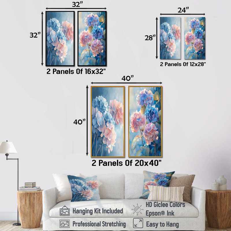 Hortensias dans la lumière du matin I - Collection d'art mural floral 2 pièces, Cadre crème crème, 32" H x 33" W
