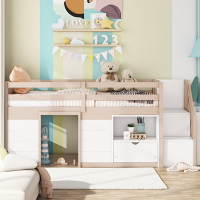 Lit mezzanine simple en bois massif - couleur crème et blanc, avec escalier intégré, tiroir de rangement et compartiment, aucun sommier nécessaire