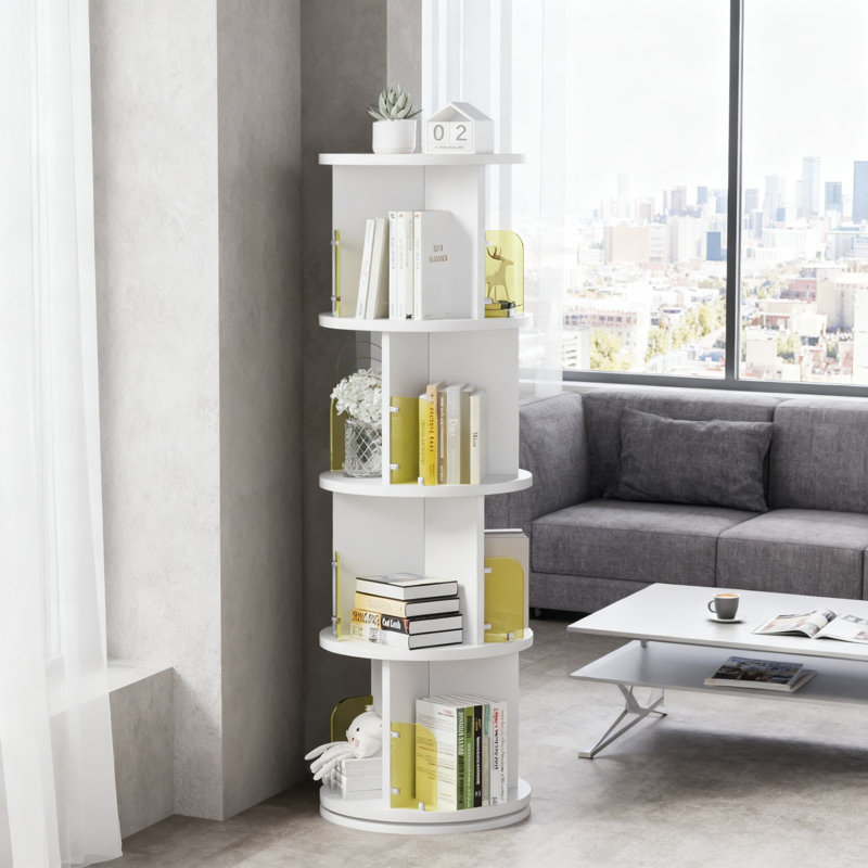 Bibliothèque pivotante à 360 degrés, bibliothèque d'angle à 4 niveaux avec déflecteurs en acrylique pour un rangement et une présentation peu encombrants dans le salon, la chambre à coucher ou le bureau