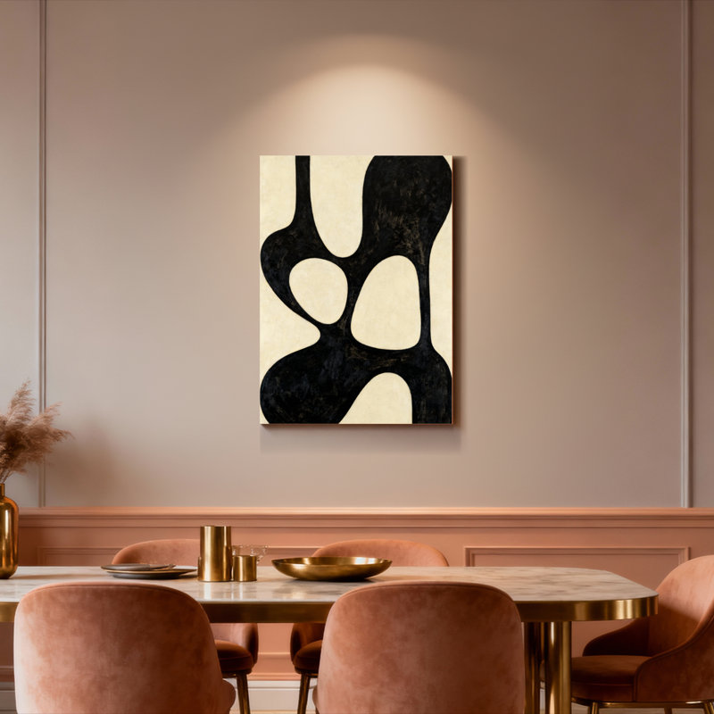 Ensemble de 1 tableau sur toile tendue, formes organiques abstraites noires et crème, H 36 po x l 24 po