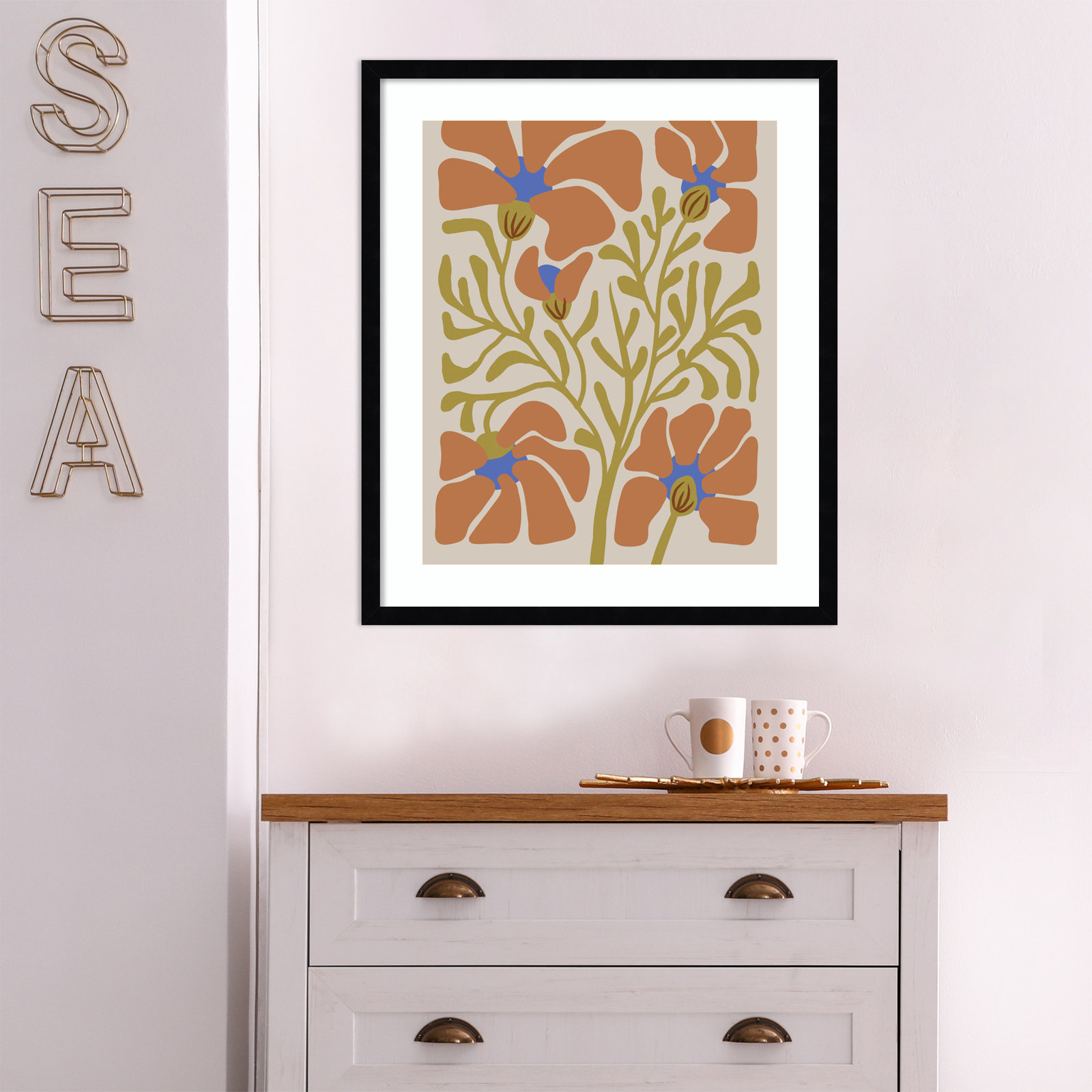 Expressive Abstract House Plant Orange Print, Black, 25" H x 21" W x 1" D