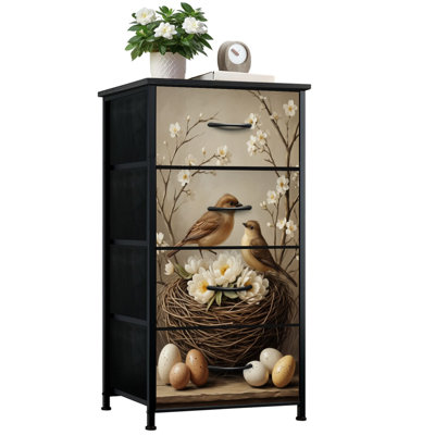Dresser for Bedroom with 4 Storage Drawers Brown Birds Branches Bird Nest Eggs Country Farmhouse Vintage Sparrow Dressers Chest of Drawers Steel Framed Fabric Closet Organizers for Dorm Entryway