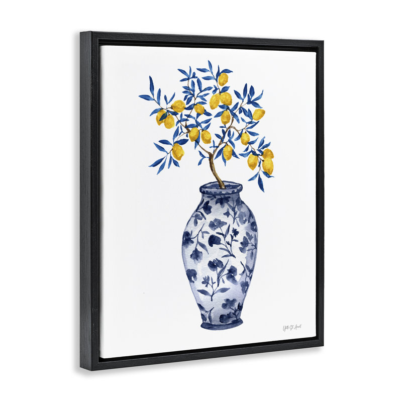 Art chinois sur toile flottant «Chinoiserie Vase Lemons» par Yvette St. Amant, Cadre flottant noir de jais, H 21 po x l 17 po