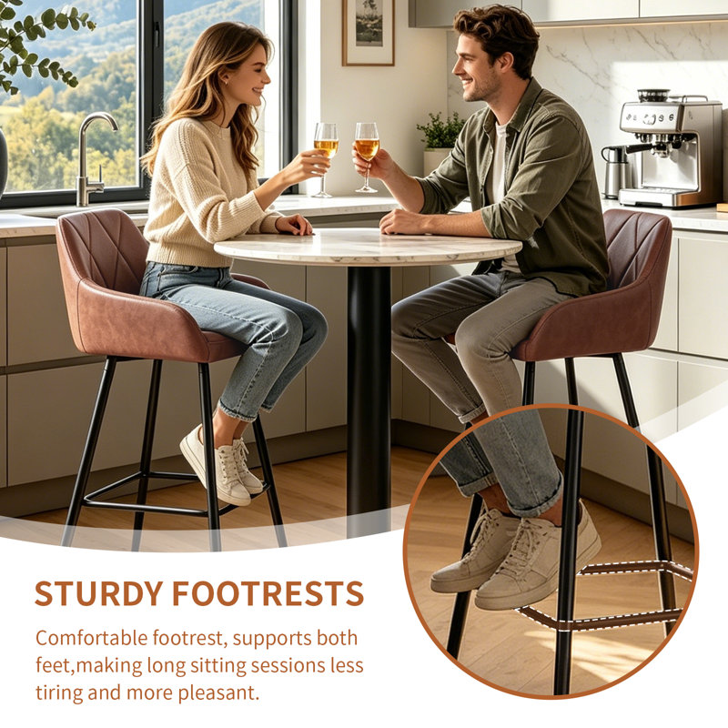 Fixed Height Faux Leather Bar Stool with Diamond Tufted Back, Brown