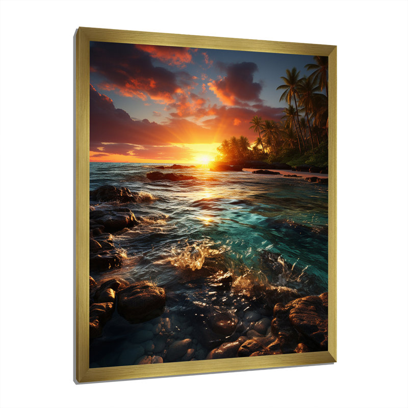 Plage, coucher de soleil, sérénade sur toile, L 24 po x H 32 po, Encadrement doré