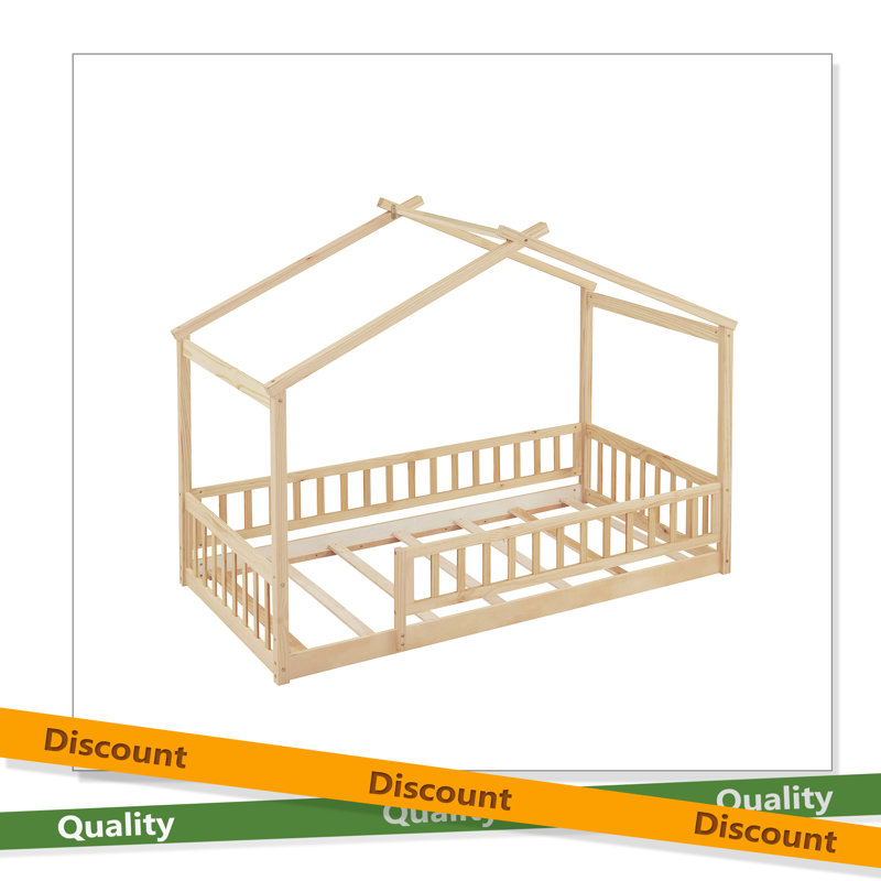 Wood Bed House Bed Frame With Fence, Natural, Twin