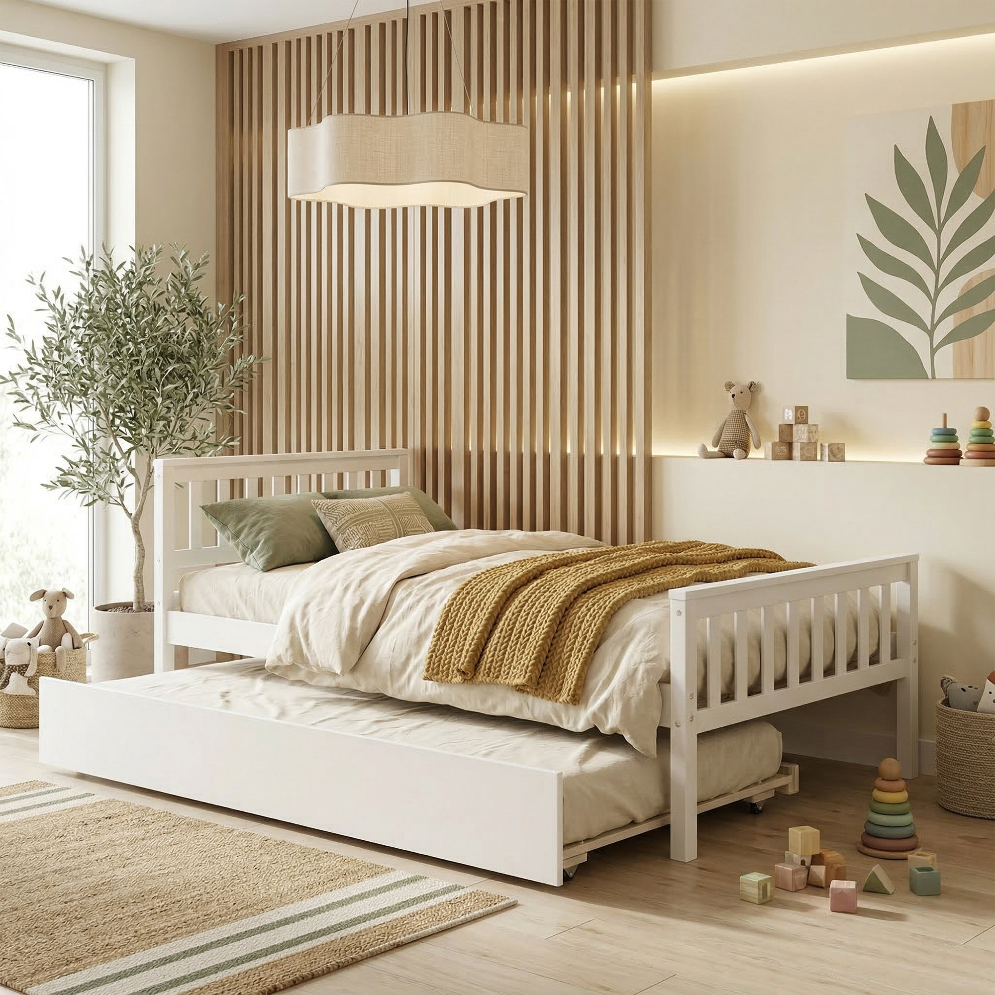 Ebern Designs Twin Platform Bed With Pull-Out Trundle, Solid Pine Wood ...