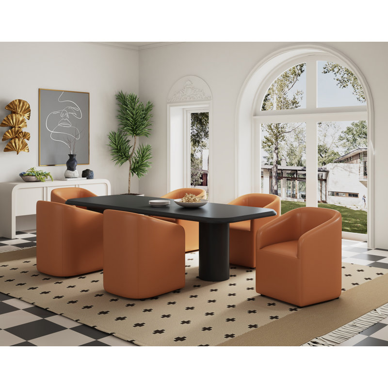 Anna Modern Vegan Leather Upholstered Solid Wood Dining Arm Chair in Saddle Brown, Saddle
