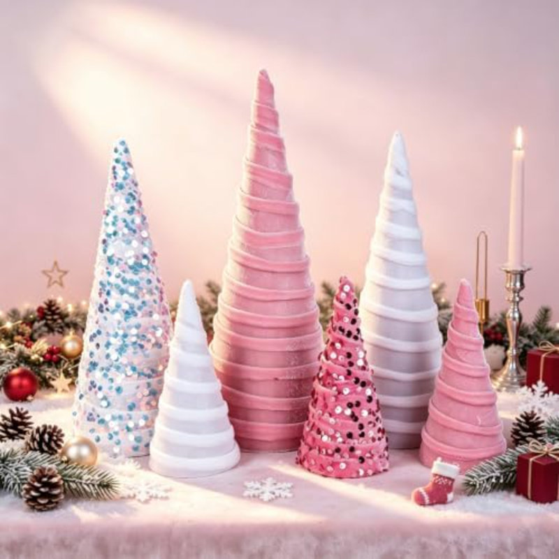 6 décorations d'arbre de Noël en forme de cône de Noël en velours rose et blanc de 6 pièces pour table de Noël décorative de Noël