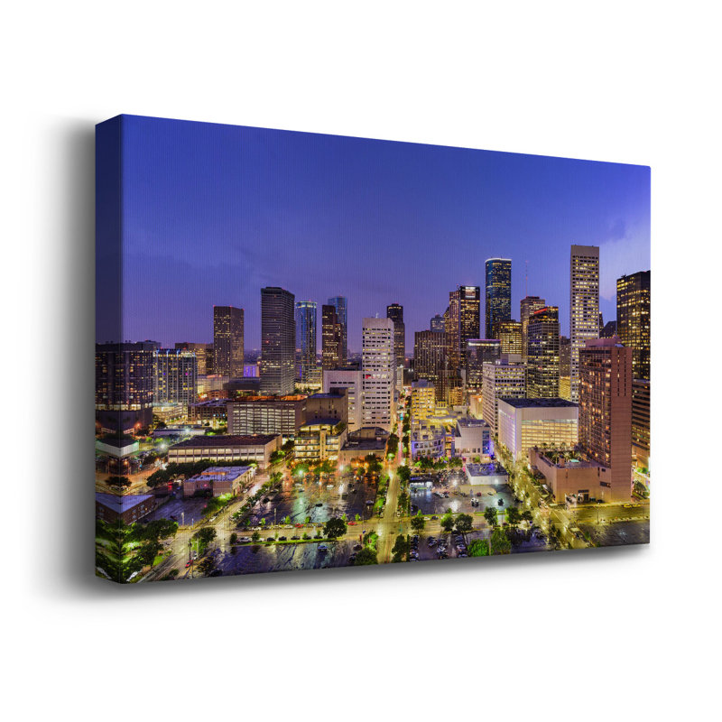 26_Houston Texas Skyline Premium - toile tendue avec châssis - prête à être accrochée, H 16 po x l 27 po x P 1,5 po